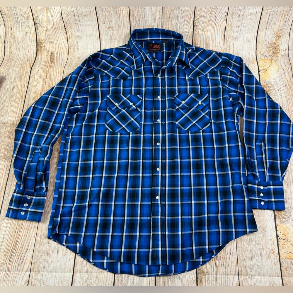 Mens Plains Western Wear Pearl Snap Button Shirt Blue Longsleeve Size Large